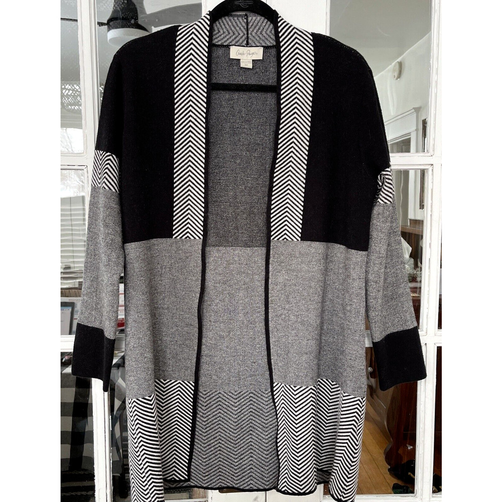 Charlie Paige Open Cardigan Duster Sweater Black White Block Size S